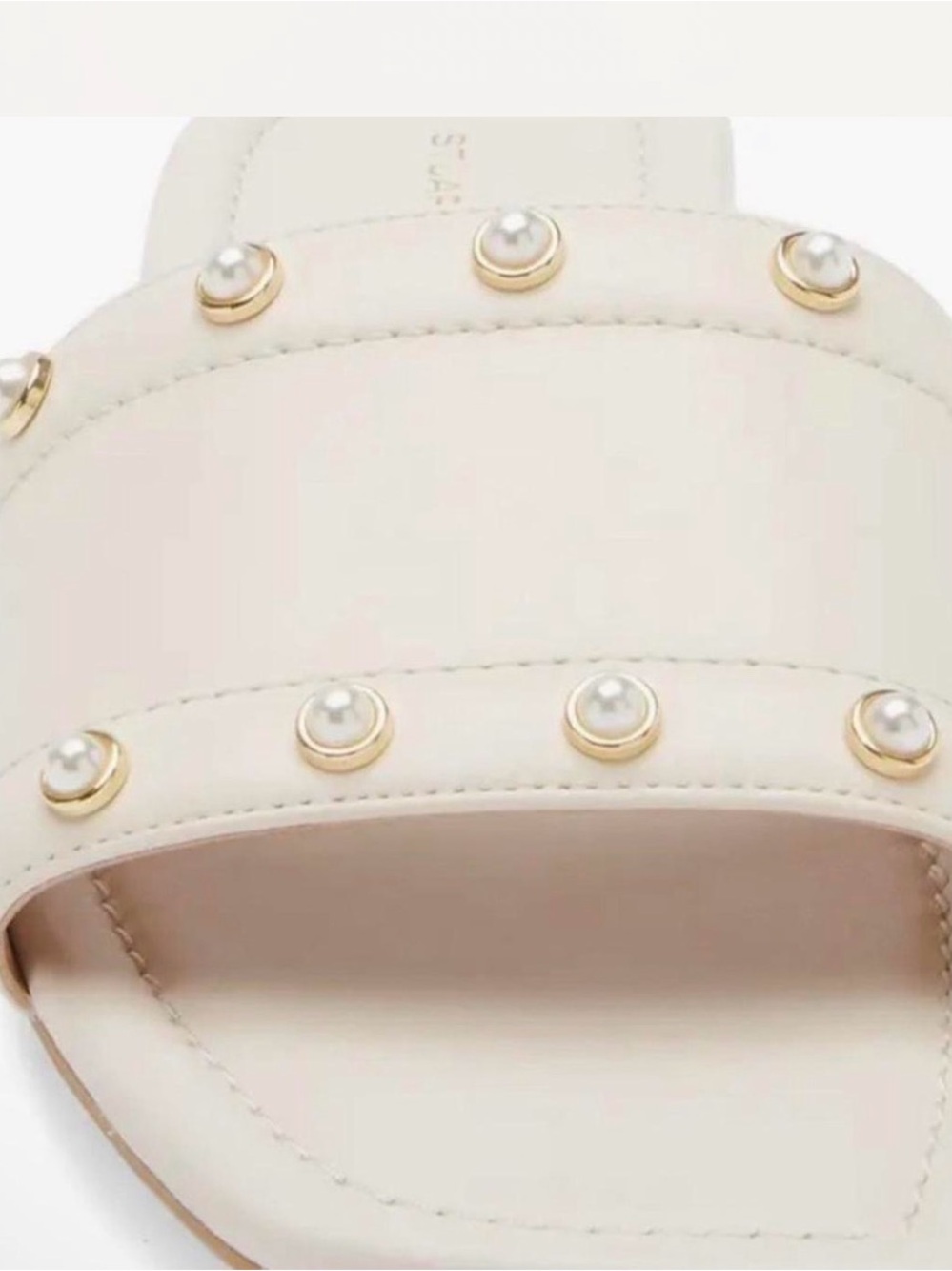 Stuart Weitzman Ivory Slide with Pearl & Gold Stud Embellishments